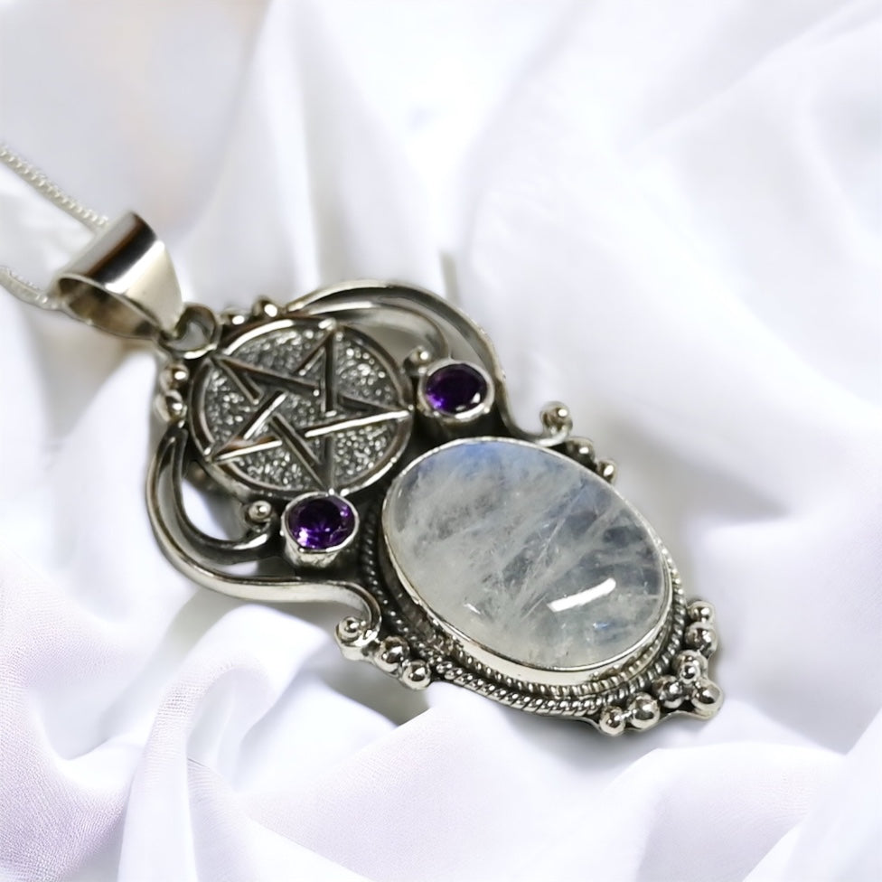 Rainbow Moonstone and Amethyst Pentacle Pendant